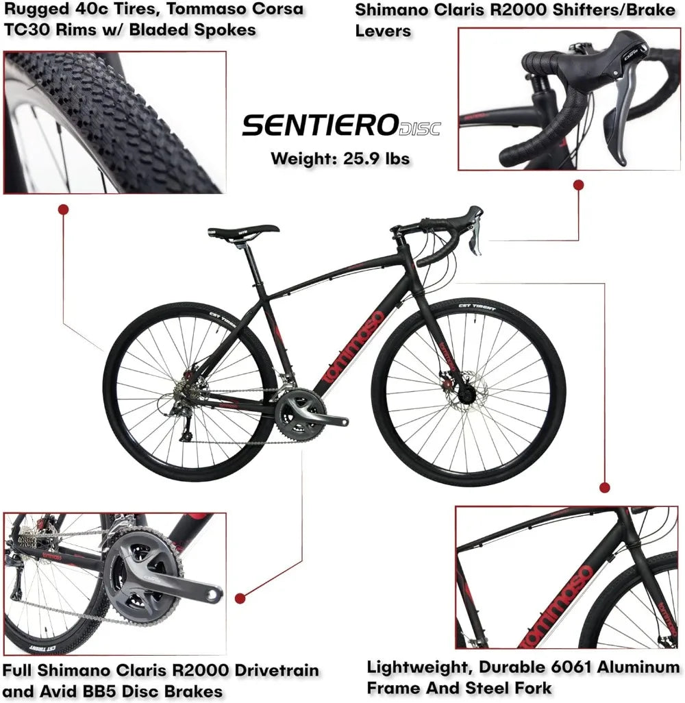 Tommaso Sentiero Gravel Bike Shimano Claris Adventure Bike with Disc Brakes Extra Wide Tires Perfect for Road Or Dirt Trail